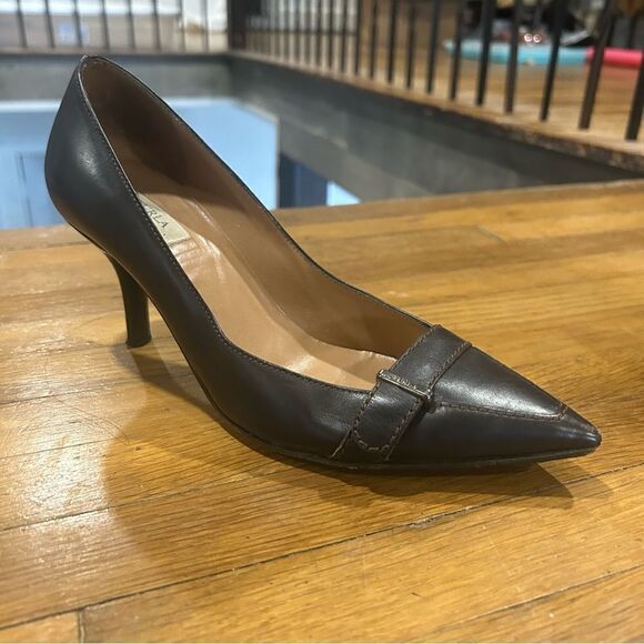Furla Leather Dark Chocolate Brown Pointed Toe Loafer Kitten Heels, size 37 - Picture 3 of 11